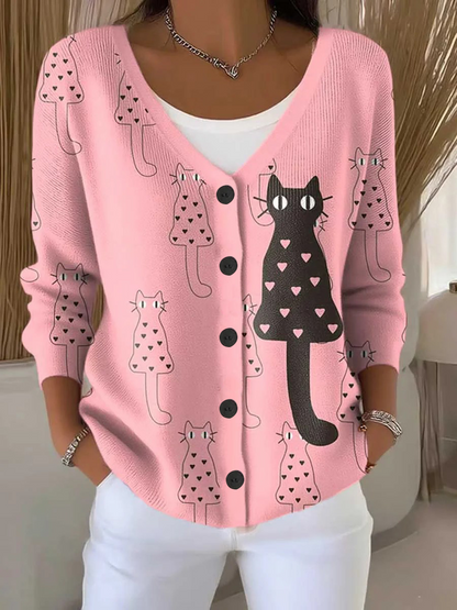 Women's CAT Breast Cancer Awareness Print Buttoned V-neck Cardigan Sweater