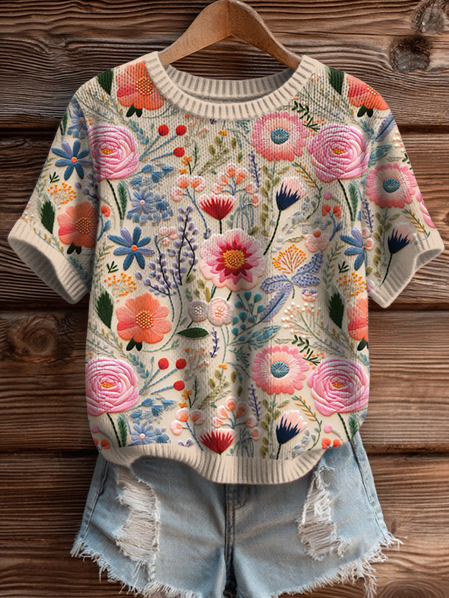 Women's Pink Floral short-sleeved Sweater