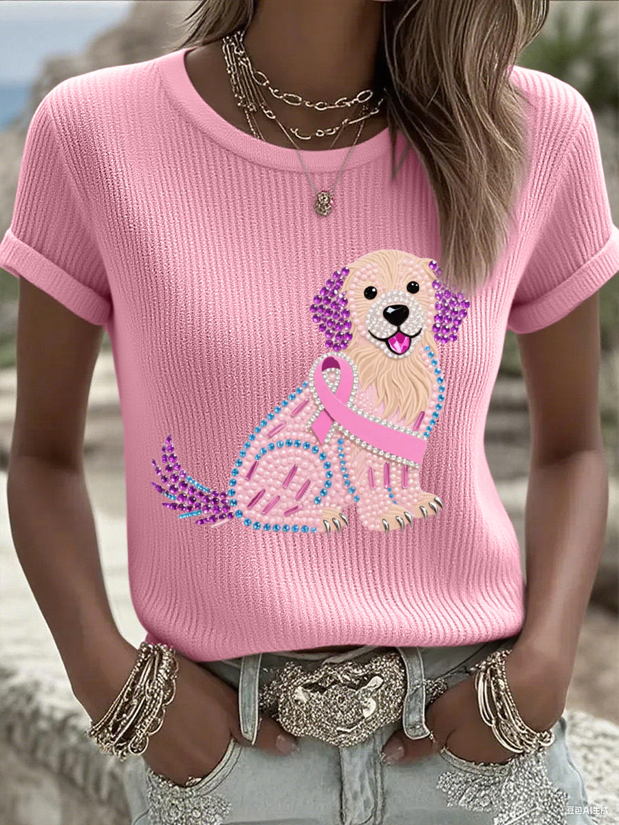 Women's Pink Rhinestone Dog Pink Ribbon Print Breast Cancer Awareness Support Tee