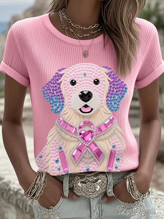 Women's Pink Rhinestone Dog Pink Ribbon Print Breast Cancer Awareness Support Tee