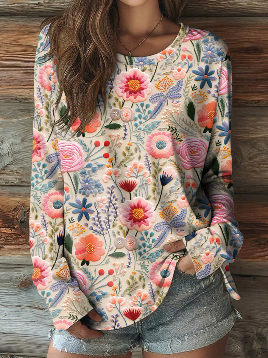 Women's Pink Floral round neck long sleeve T-shirt