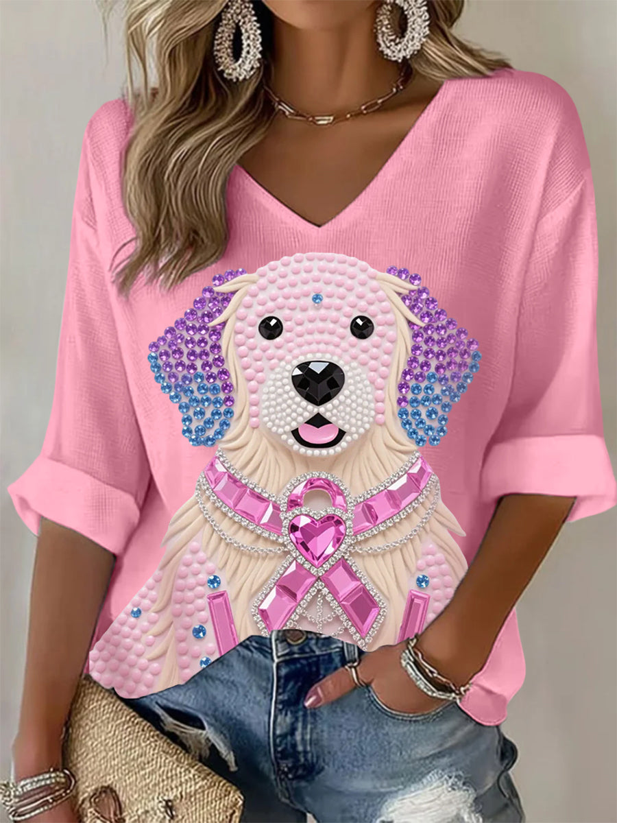 Women's Pink Rhinestone Dog Pink Ribbon Print Breast Cancer Awareness Support Long-Sleeve Top