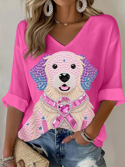 Women's Pink Rhinestone Dog Pink Ribbon Print Breast Cancer Awareness Support Long-Sleeve Top