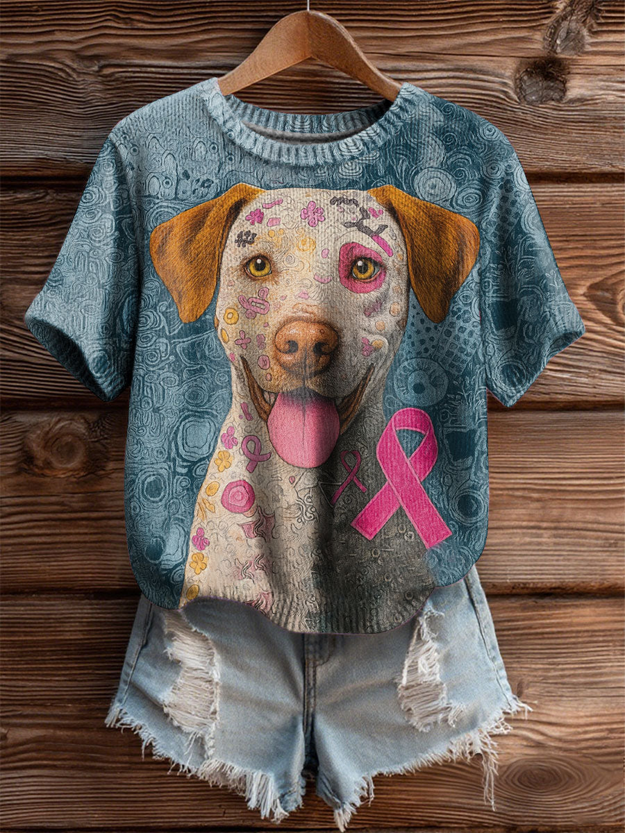 Women's  Breast Cancer Patchwork Dog Art Cozy Knit Top