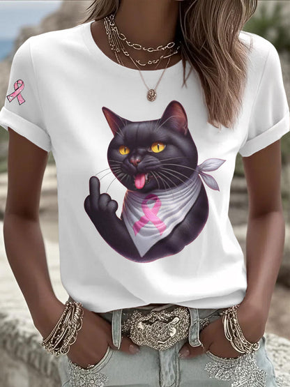 Women's Cat Pink Ribbon Print Casual T-shirt