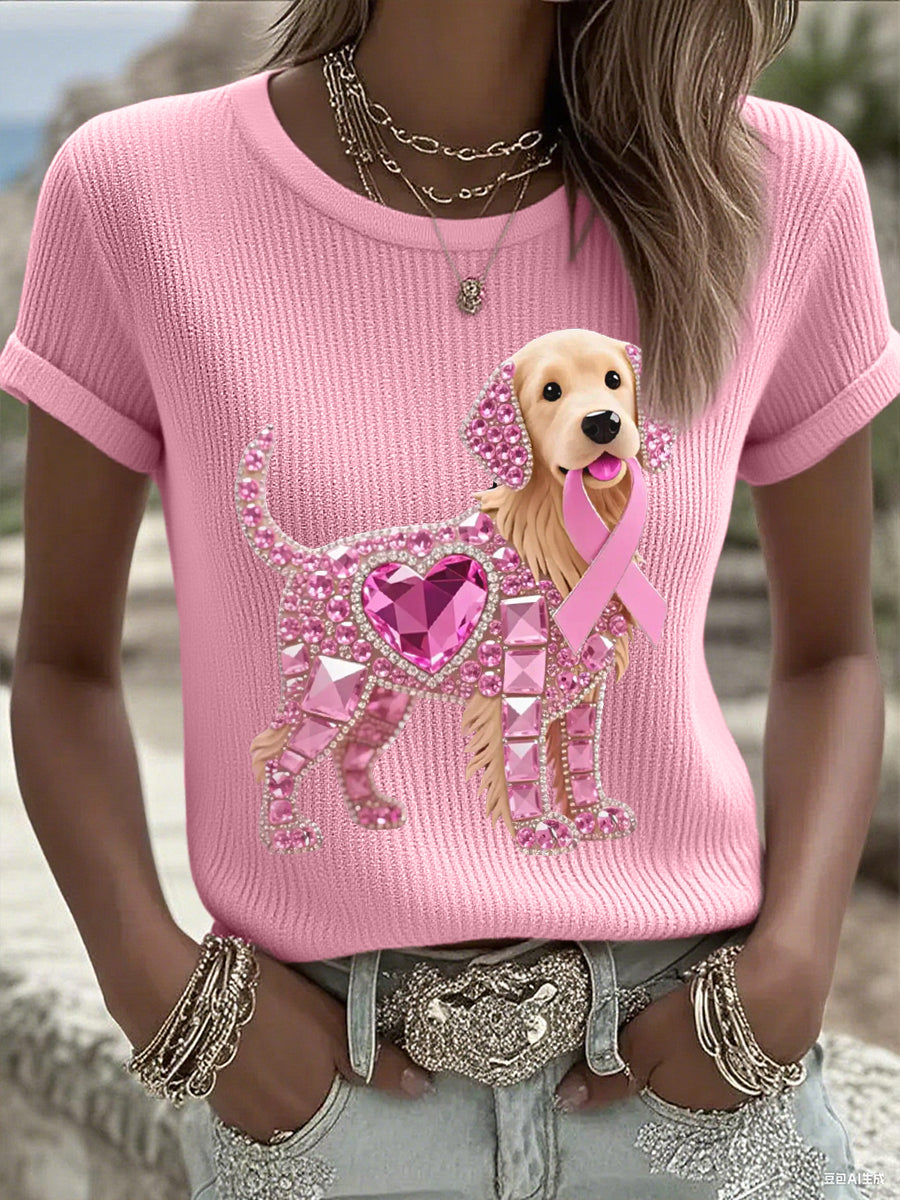 Women's Pink Rhinestone Dog Pink Ribbon Print Breast Cancer Awareness Support Tee
