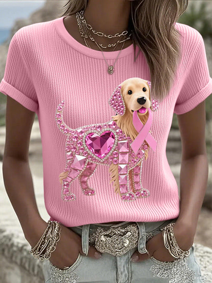 Women's Pink Rhinestone Dog Pink Ribbon Print Breast Cancer Awareness Support Tee