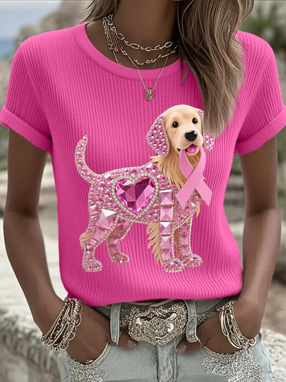 Women's Pink Rhinestone Dog Pink Ribbon Print Breast Cancer Awareness Support Tee