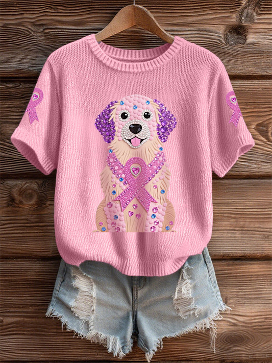 Women's Pink Rhinestone Dog Pink Ribbon Print Breast Cancer Awareness Support Tee