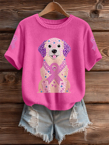 Women's Pink Rhinestone Dog Pink Ribbon Print Breast Cancer Awareness Support Tee