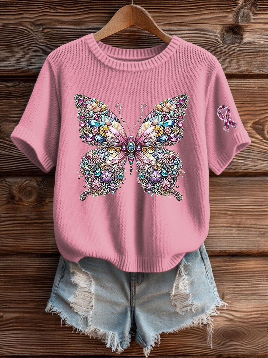 Women's Breast Cancer Awareness Pink Ribbon Print Casual T-shirt