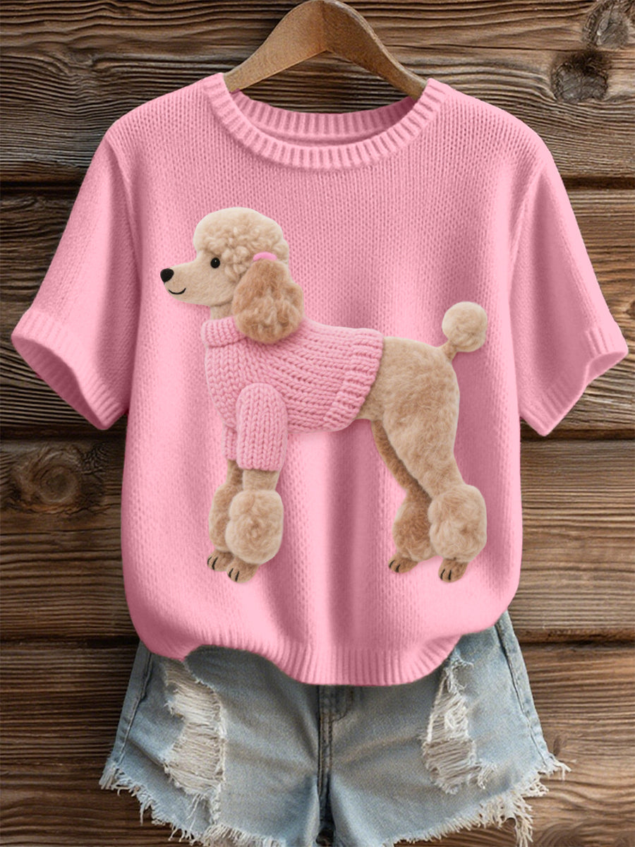 Women's Felt Art Poodle Dog Pattern Cozy Knit Top