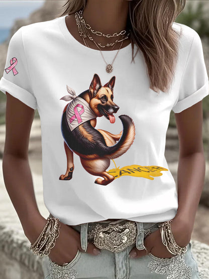 Women's Dog Pink Ribbon Print Casual T-shirt