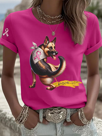 Women's Dog Pink Ribbon Print Casual T-shirt