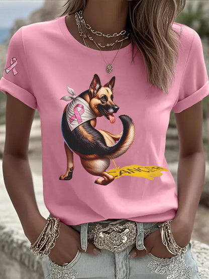 Women's Dog Pink Ribbon Print Casual T-shirt
