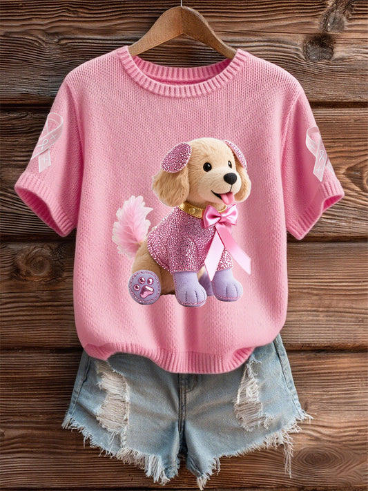 Women's Breast Cancer Awareness Support  Pink Dog Pink Ribbon Print Short Sleeve  Top