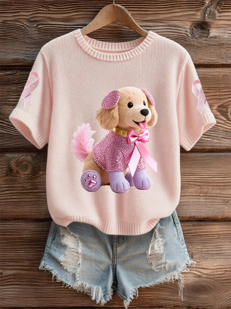 Women's Breast Cancer Awareness Support  Pink Dog Pink Ribbon Print Short Sleeve  Top