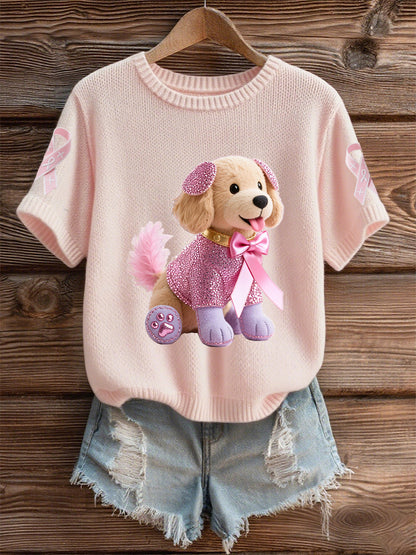 Women's Breast Cancer Awareness Support  Pink Dog Pink Ribbon Print Short Sleeve  Top