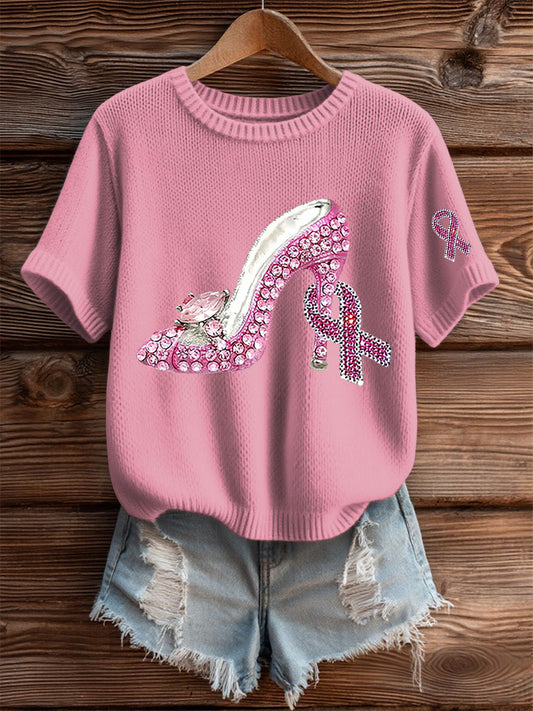 Women's Pink Ribbon Print Casual T-shirt