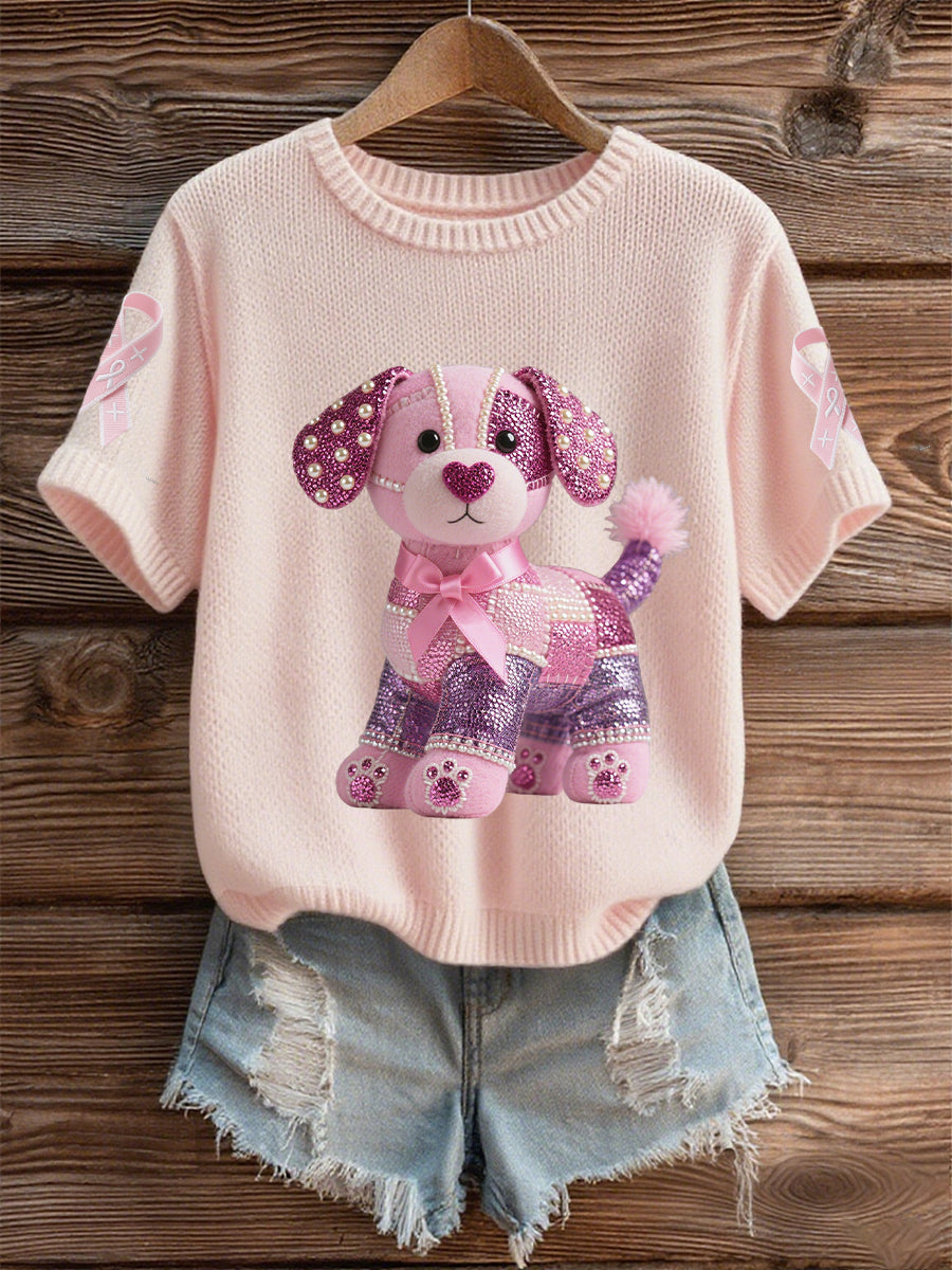 Women's Breast Cancer Awareness Support  Pink Dog Pink Ribbon Print Short Sleeve  Top