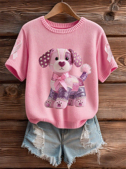 Women's Breast Cancer Awareness Support  Pink Dog Pink Ribbon Print Short Sleeve  Top