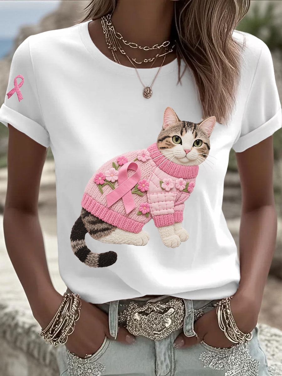 Women's Cat Pink Ribbon Print Casual T-shirt