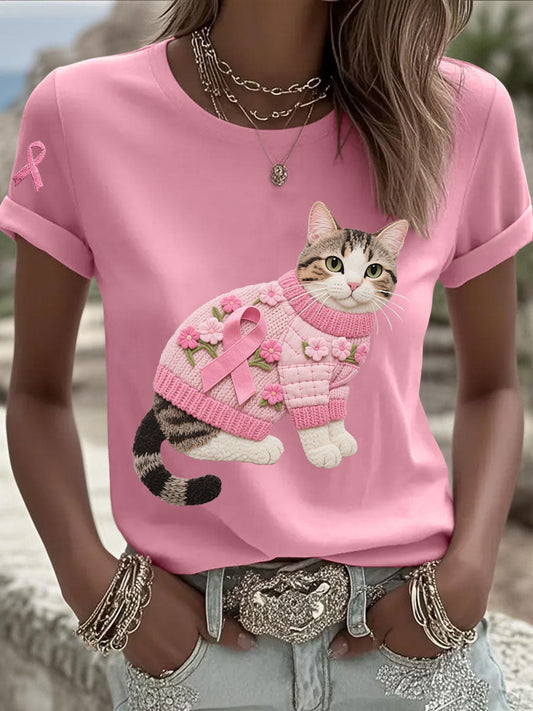 Women's Cat Pink Ribbon Print Casual T-shirt