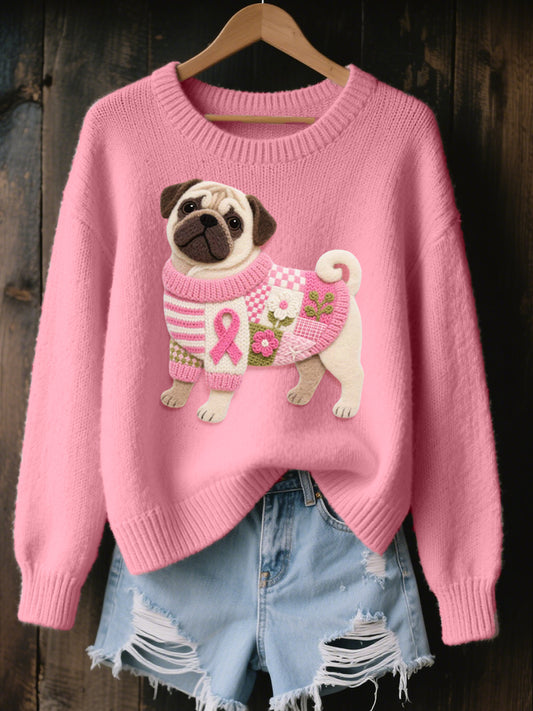 Women's Felt Art Pug Pattern Cozy Knit Sweater
