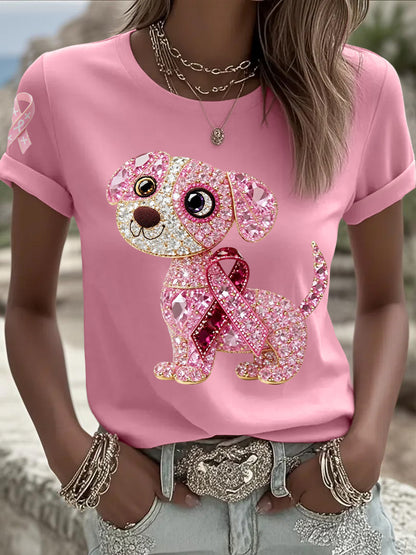 Women's Breast Cancer Awareness Support  Pink Dog Pink Ribbon Print Short Sleeve  Top