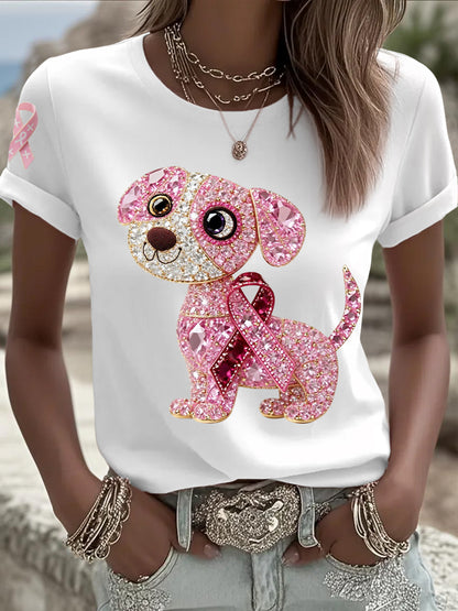 Women's Breast Cancer Awareness Support  Pink Dog Pink Ribbon Print Short Sleeve  Top
