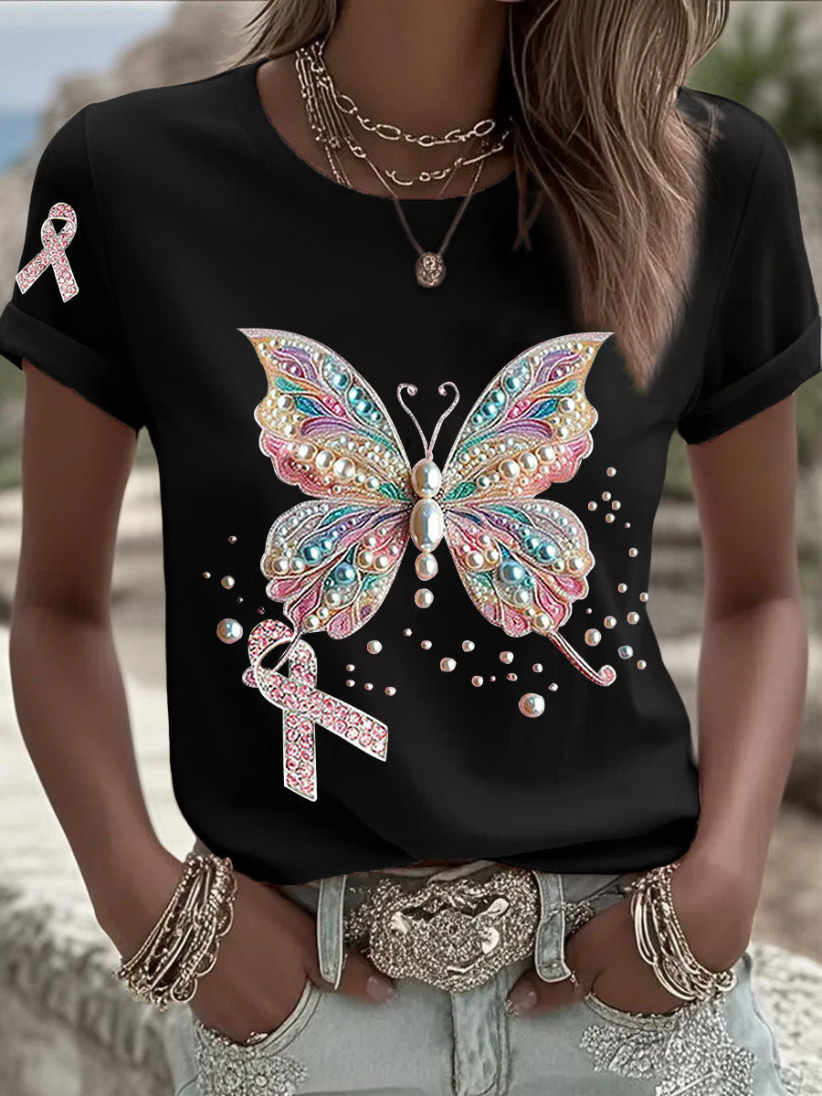 Women's Breast Cancer Awareness Pink Ribbon Print Casual T-shirt