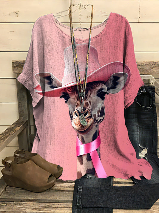 Women's Pink Ribbon Animals Print Casual Top