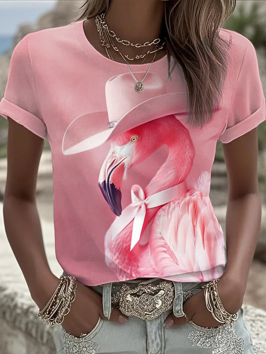 Women's Pink Ribbon Animals Print Round Neck T-shirt