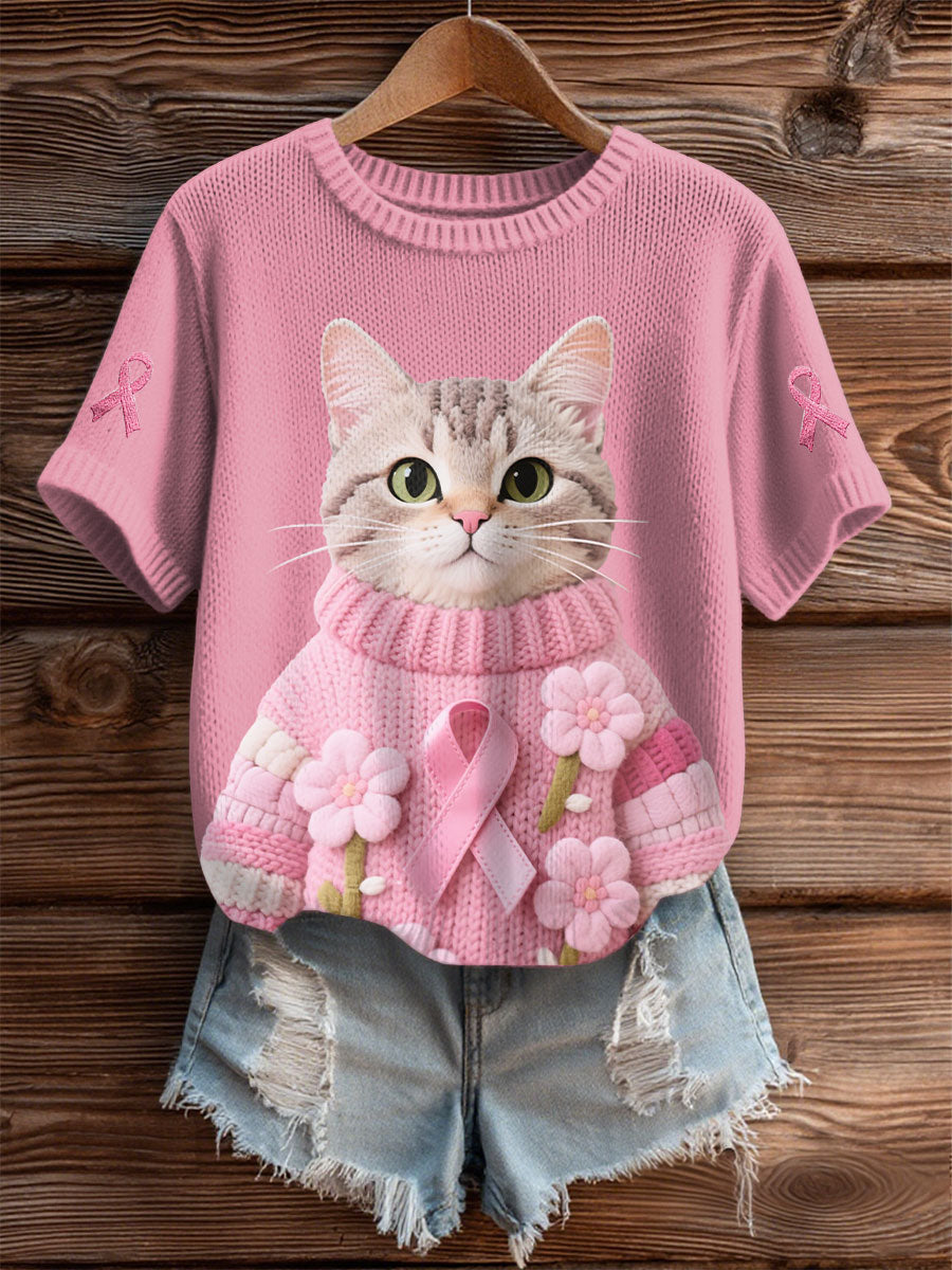 Women's Cat Pink Ribbon Print Casual T-shirt