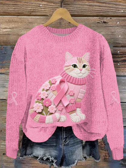 Women's Cat Pink Ribbon Print Casual Top
