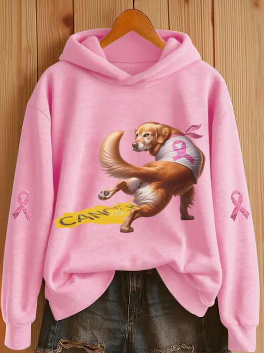 Women's Dog Pink Ribbon Print Casual Hoodie