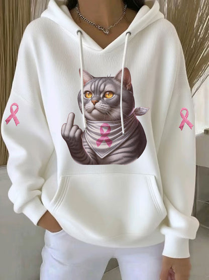 Women's Cat Pink Ribbon Print Casual Hoodie