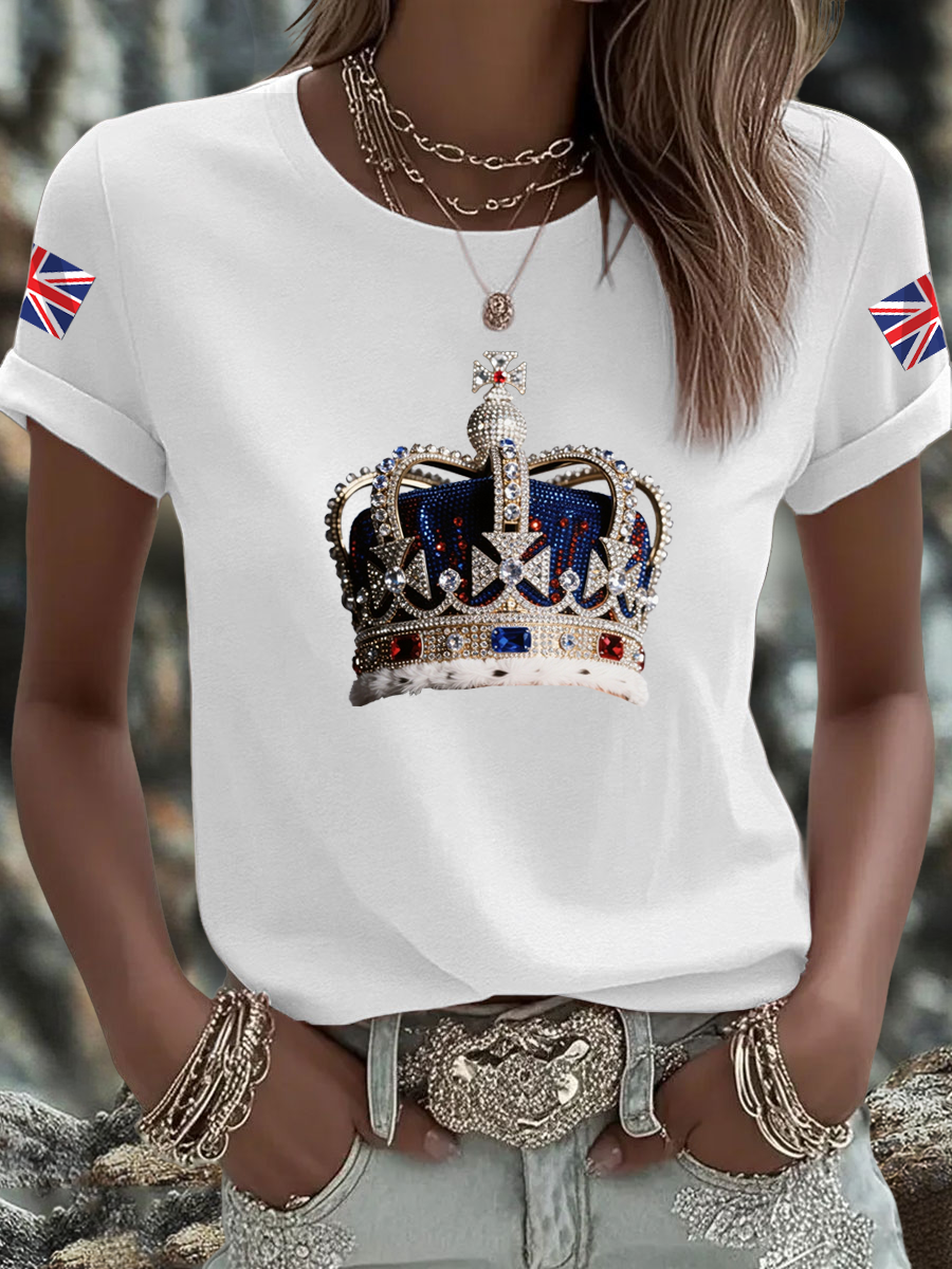 Women's British imitation diamond hot-drilling Printed Iron On Short Sleeve T-Shirt