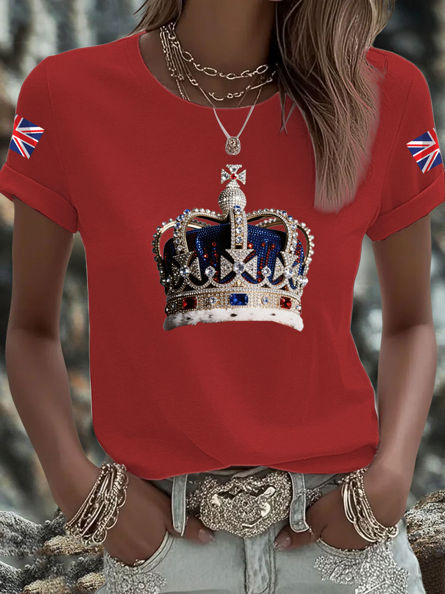 Women's British imitation diamond hot-drilling Printed Iron On Short Sleeve T-Shirt