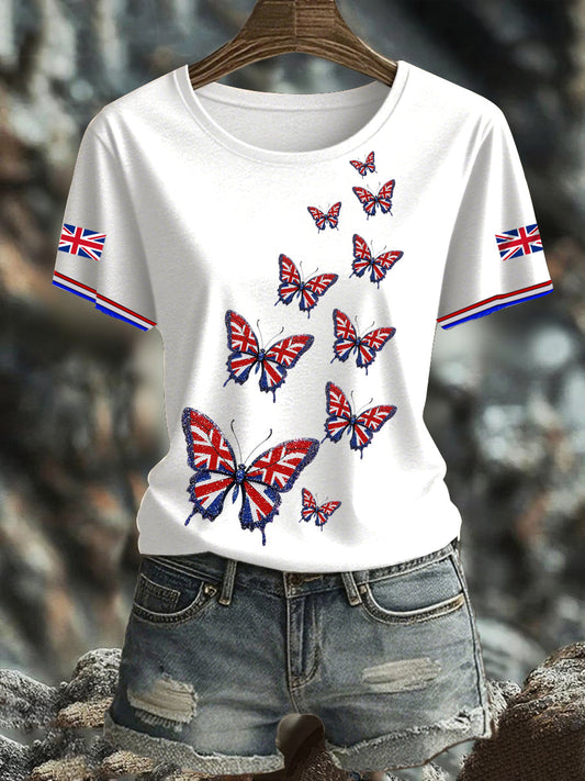 Women's British imitation diamond hot-drilling Printed short-sleeved T-shirt