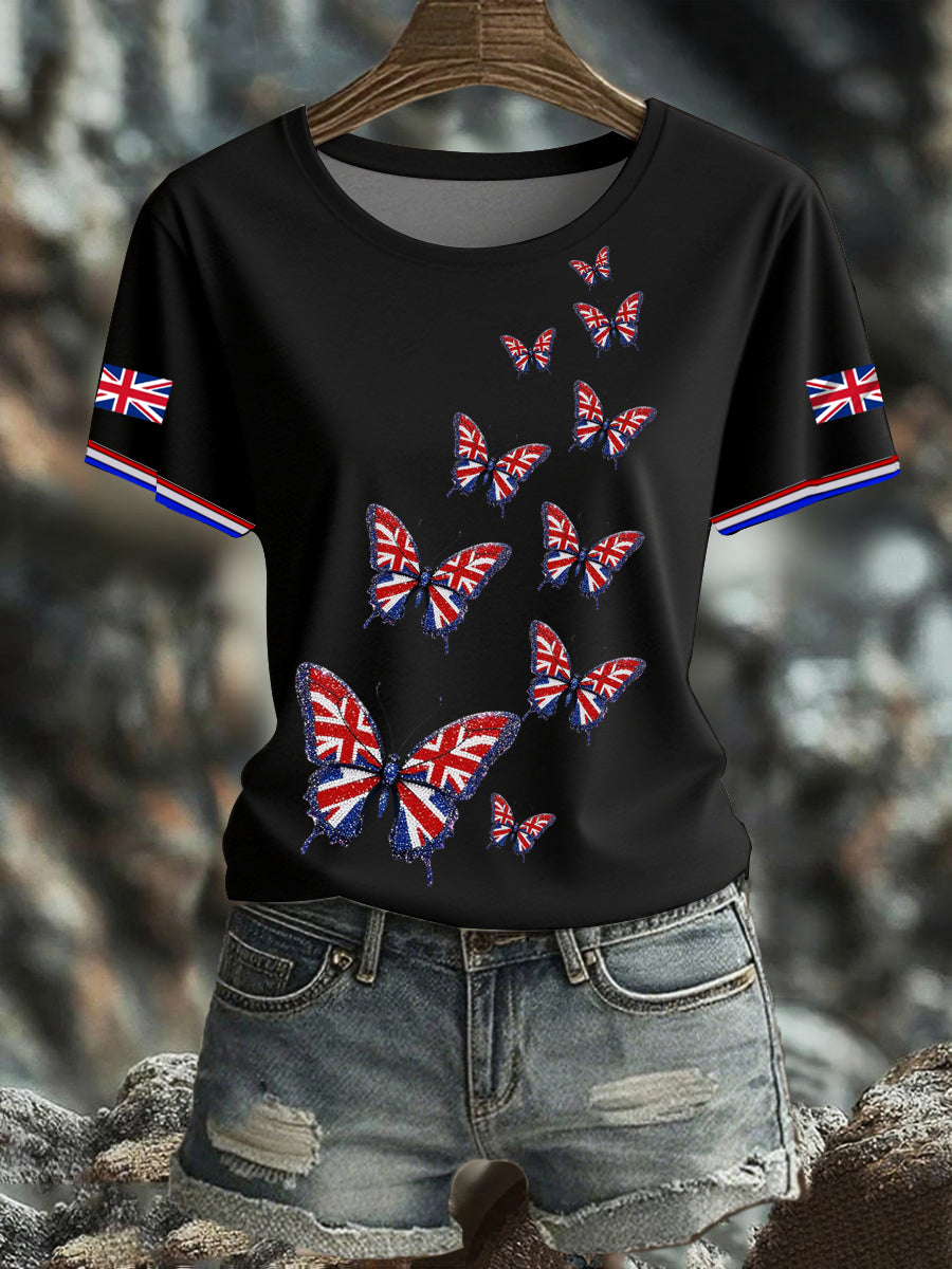 Women's British imitation diamond hot-drilling Printed short-sleeved T-shirt