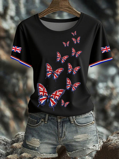 Women's British imitation diamond hot-drilling Printed short-sleeved T-shirt