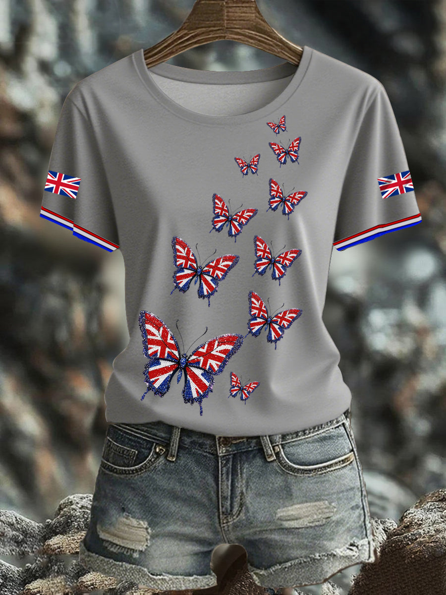 Women's British imitation diamond hot-drilling Printed short-sleeved T-shirt