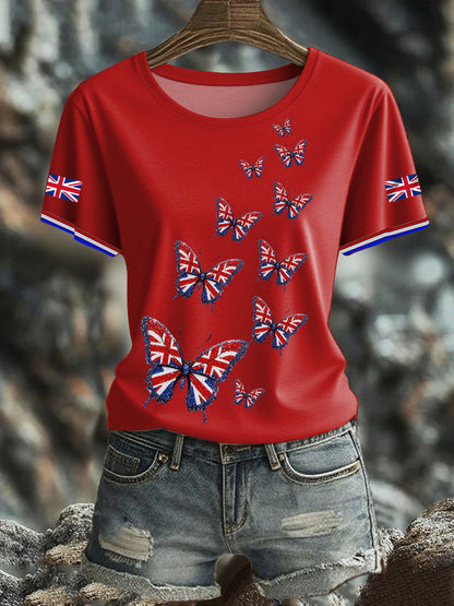 Women's British imitation diamond hot-drilling Printed short-sleeved T-shirt
