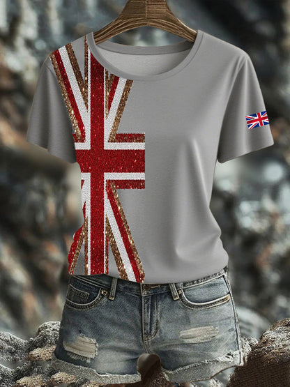 Women's British imitation diamond hot-drilling Printed short-sleeved T-shirt
