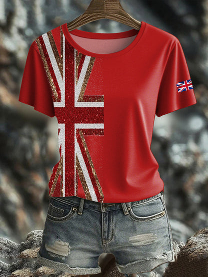 Women's British imitation diamond hot-drilling Printed short-sleeved T-shirt