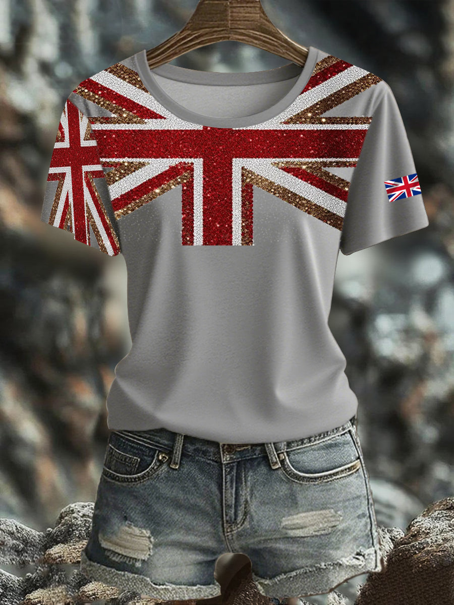 Women's British imitation diamond hot-drilling Printed short-sleeved T-shirt