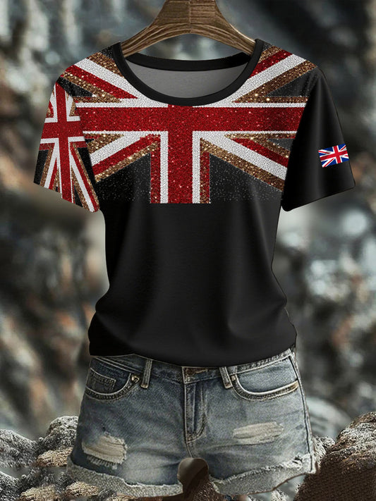 Women's British imitation diamond hot-drilling Printed short-sleeved T-shirt
