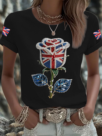 Women's British imitation diamond hot-drilling Printed Iron On Short Sleeve T-Shirt