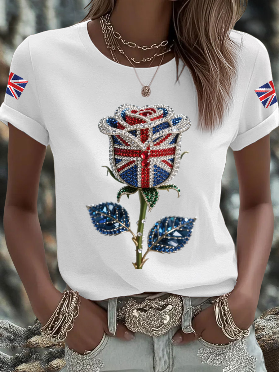 Women's British imitation diamond hot-drilling Printed Iron On Short Sleeve T-Shirt